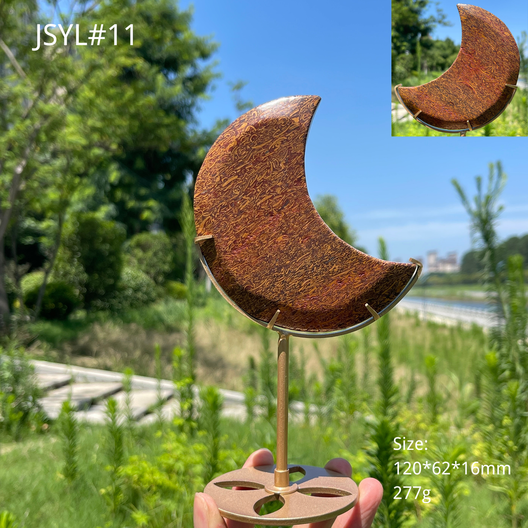 Unique,Natural Calligraphy Jasper Crescent Moon With Stand