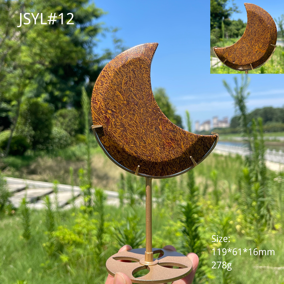 Unique,Natural Calligraphy Jasper Crescent Moon With Stand