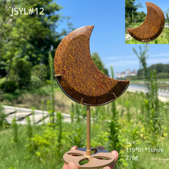 Unique,Natural Calligraphy Jasper Crescent Moon With Stand