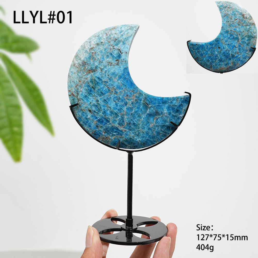 Unique,Natural Crystal Blue Apatite Moon With Stand