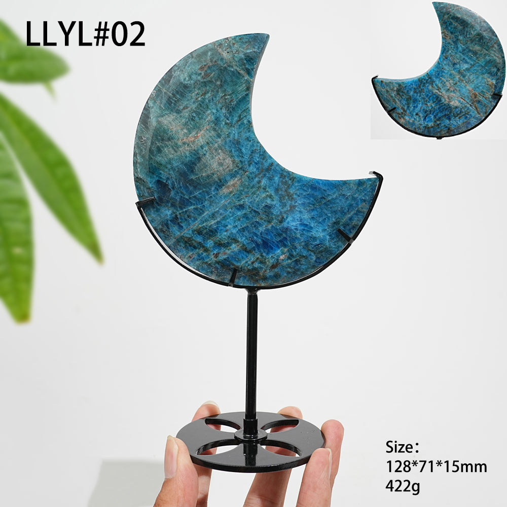 Unique,Natural Crystal Blue Apatite Moon With Stand