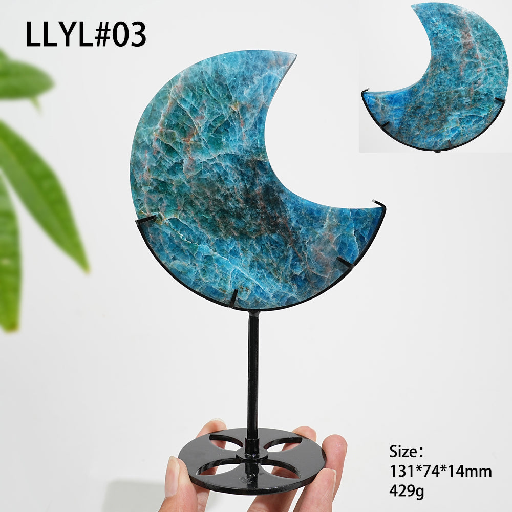 Unique,Natural Crystal Blue Apatite Moon With Stand
