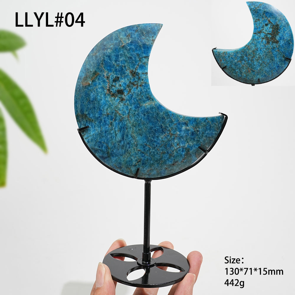 Unique,Natural Crystal Blue Apatite Moon With Stand
