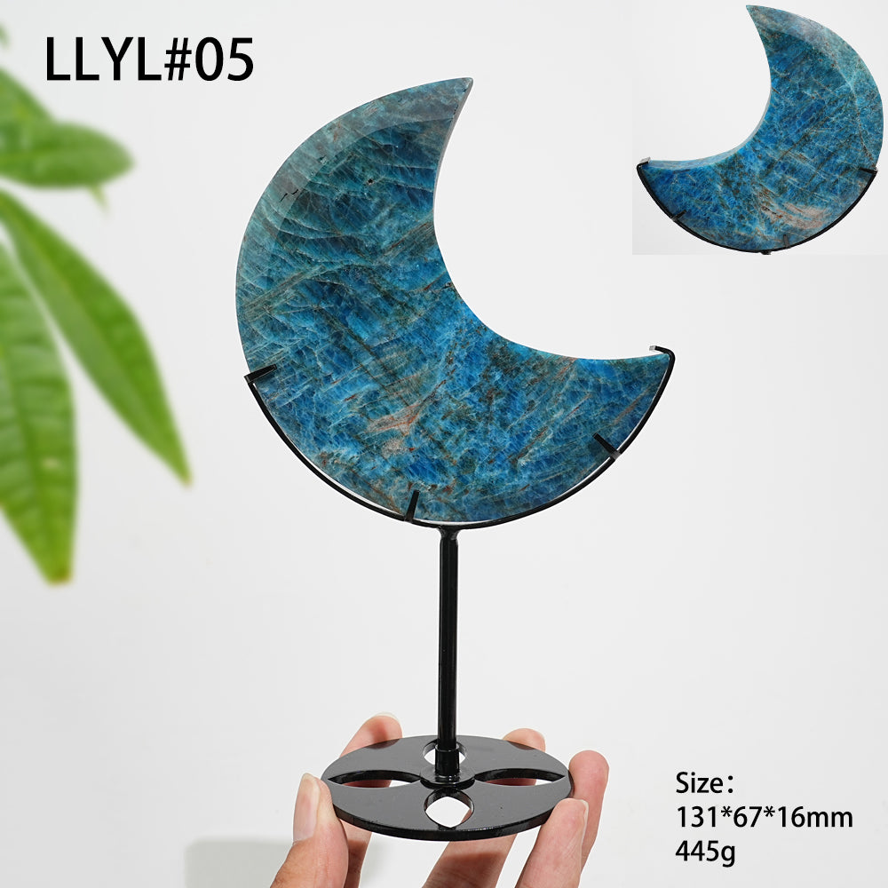 Unique,Natural Crystal Blue Apatite Moon With Stand