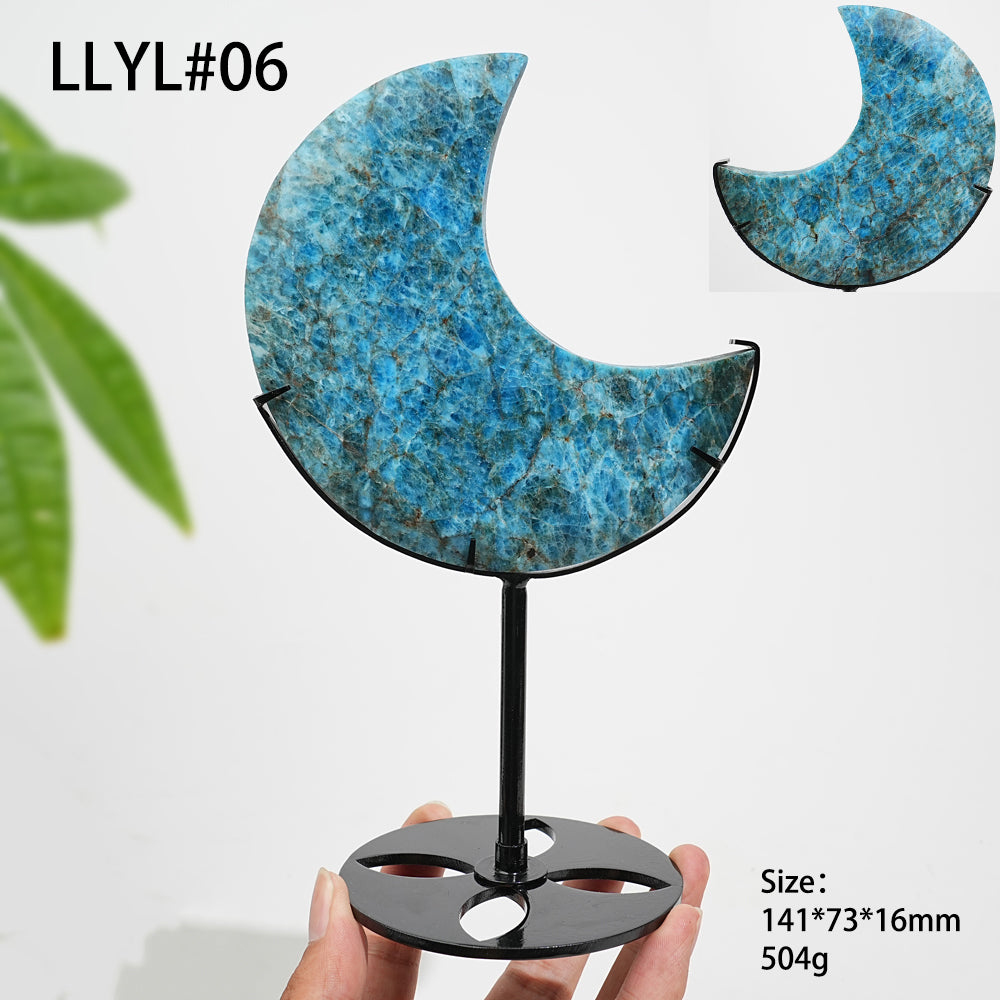 Unique,Natural Crystal Blue Apatite Moon With Stand