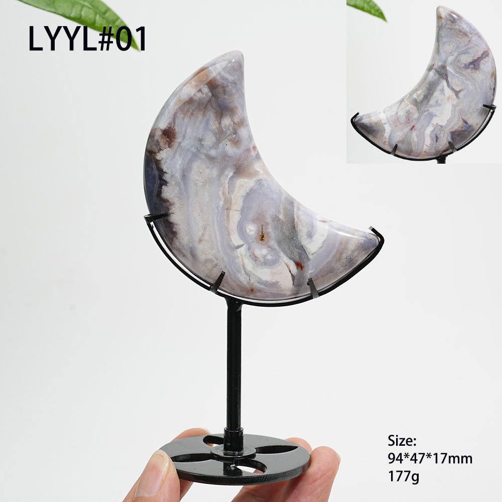 Unique,Natural Crystal Blue Flower Agate Moon With Stand