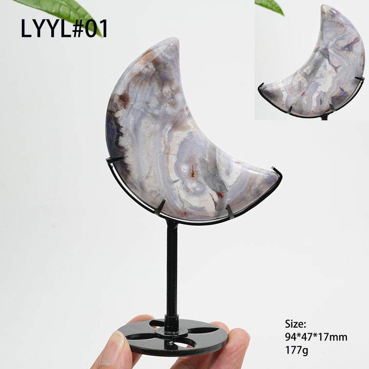 Unique,Natural Crystal Blue Flower Agate Moon With Stand