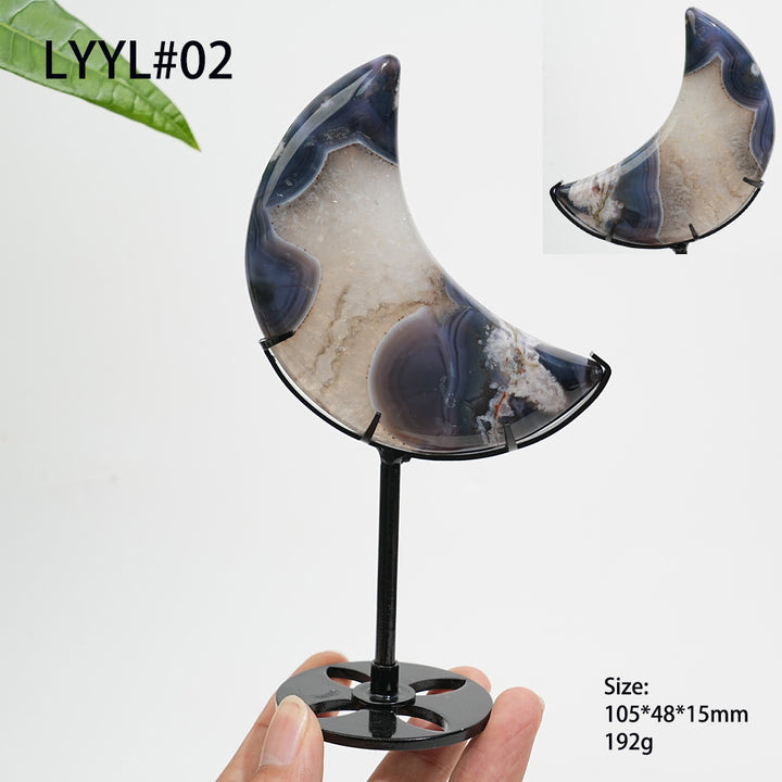Unique,Natural Crystal Blue Flower Agate Moon With Stand