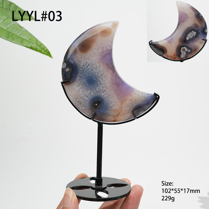 Unique,Natural Crystal Blue Flower Agate Moon With Stand