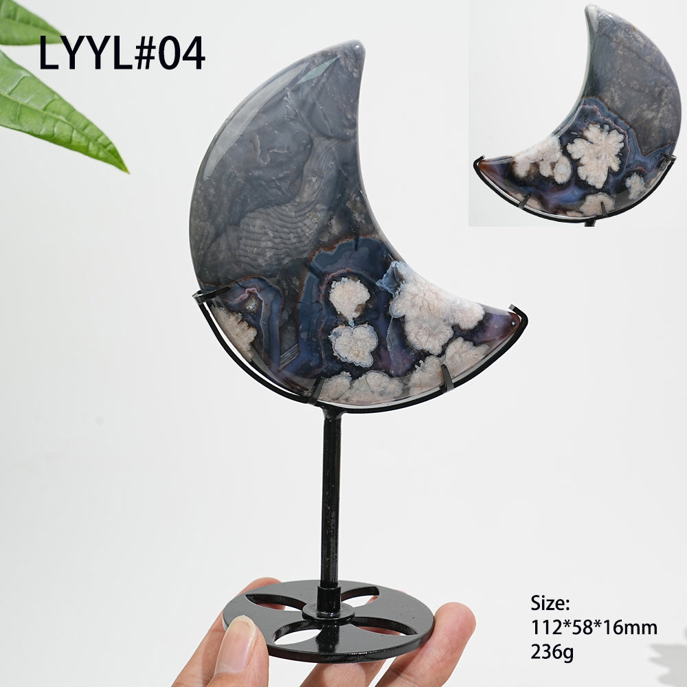 Unique,Natural Crystal Blue Flower Agate Moon With Stand