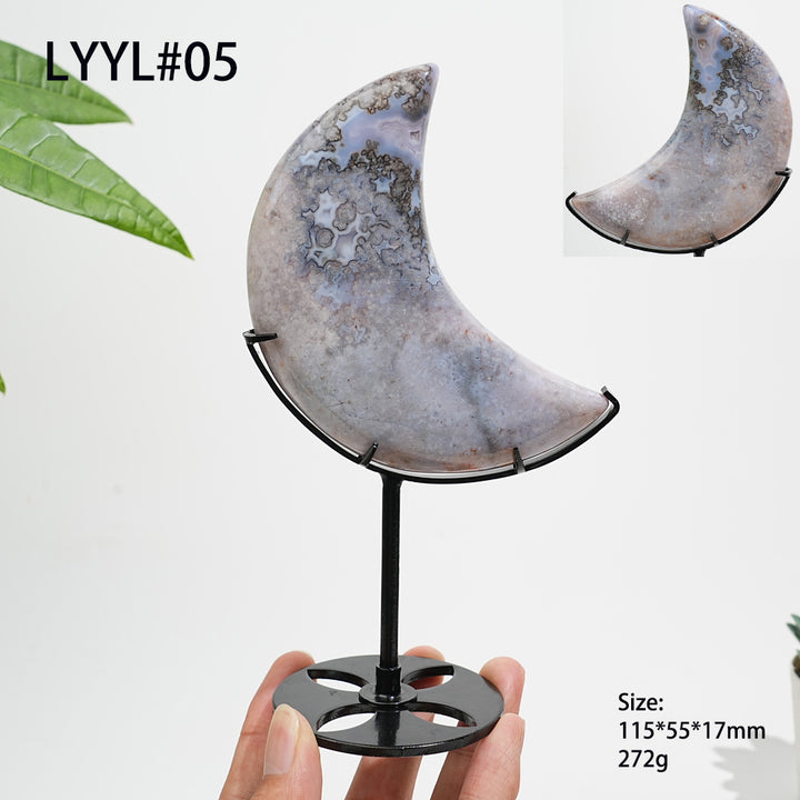 Unique,Natural Crystal Blue Flower Agate Moon With Stand