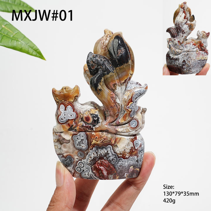 Unique,A Slightly Imperfect Natural Mexican Agate Nine-Tailed Fox Carving