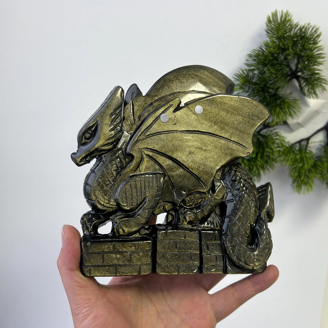 Unique, Natural Carving Golden Obsidian Dragon Skull