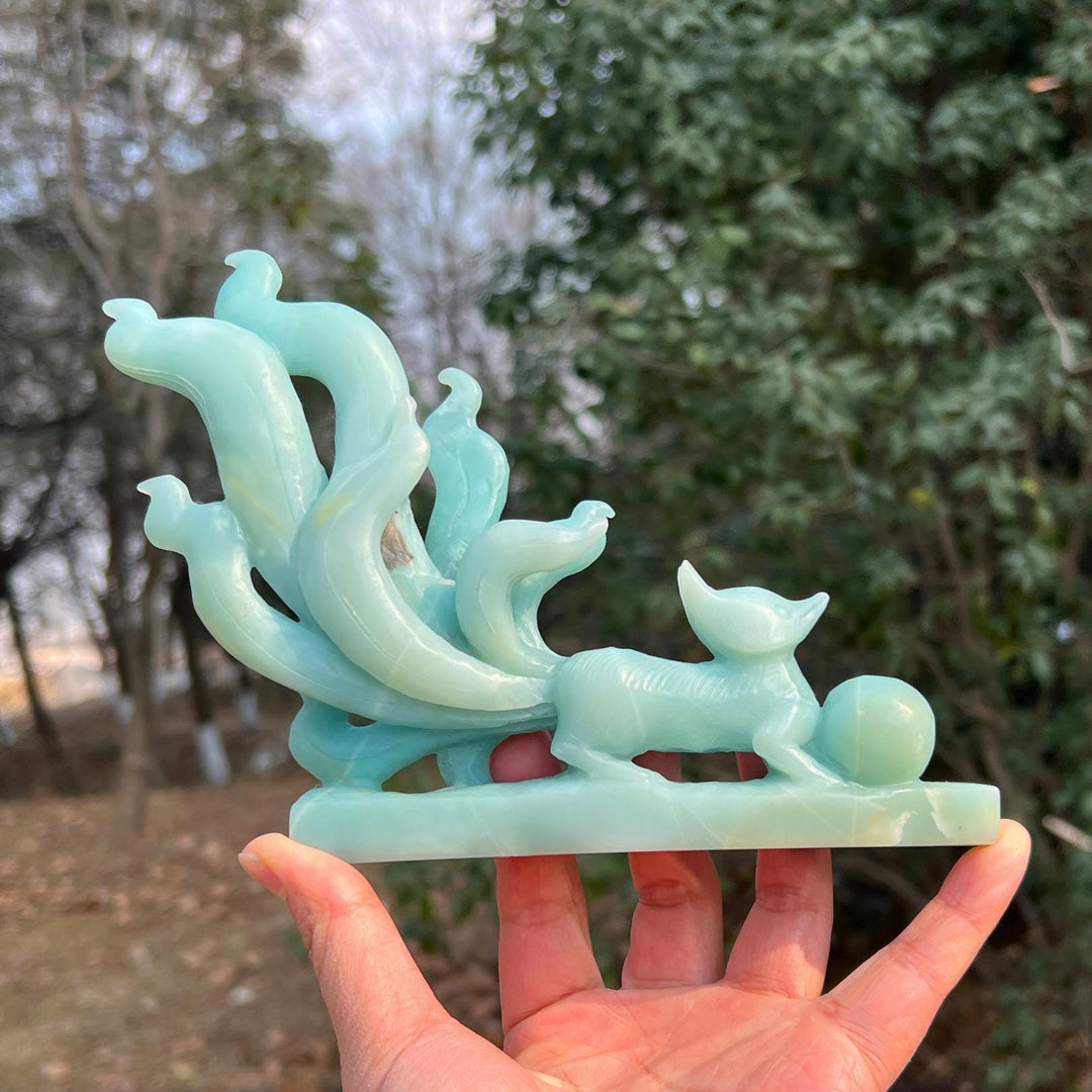Unique,Natural Blue Quartzite Carving Nine-Tailed Fox