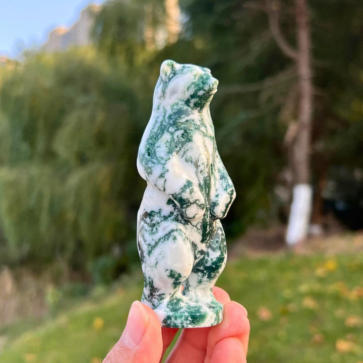 Natural Moss Agate Stand Bear