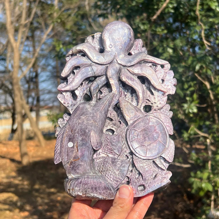 Unique, Natural Lepidolite Carving Octopus & Sea Turtle