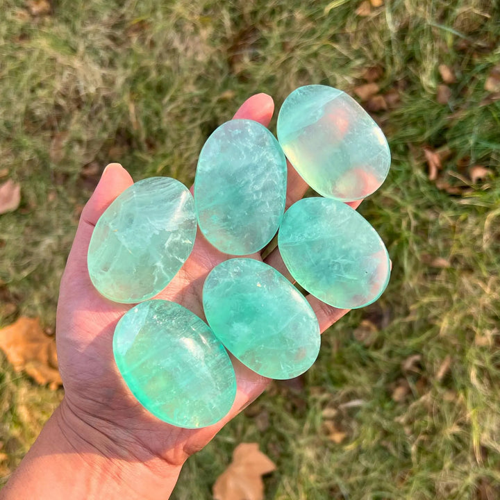 Natural Crystal Neon Blue Fluorite Palm Stone