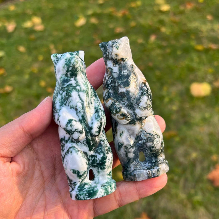 Natural Moss Agate Stand Bear
