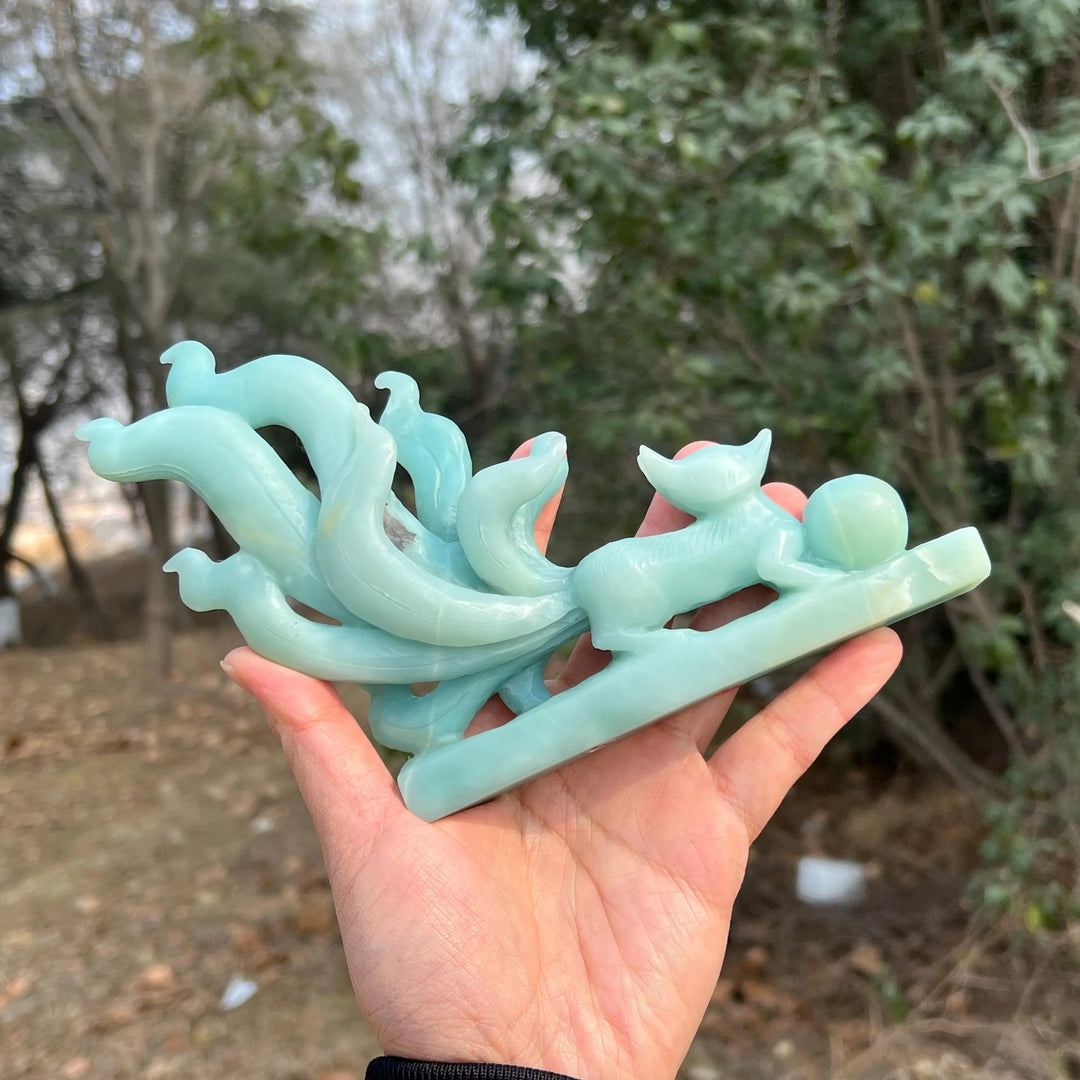 Unique,Natural Blue Quartzite Carving Nine-Tailed Fox