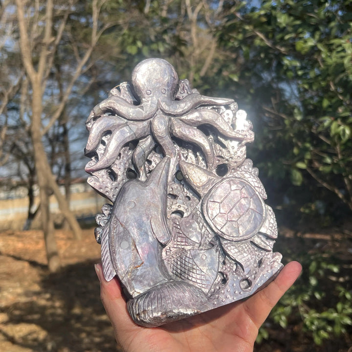 Unique, Natural Lepidolite Carving Octopus & Sea Turtle
