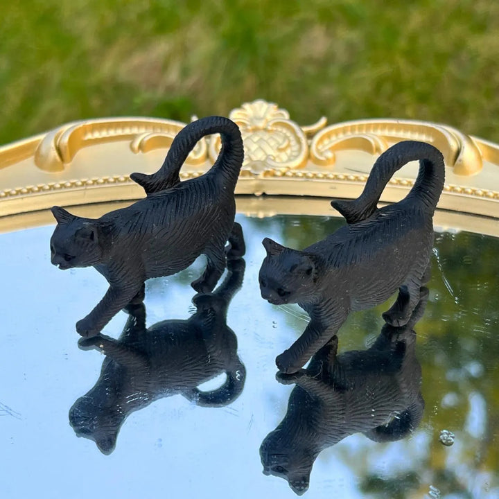 Natural Crystal Carved Black Obsidian Walking Cat