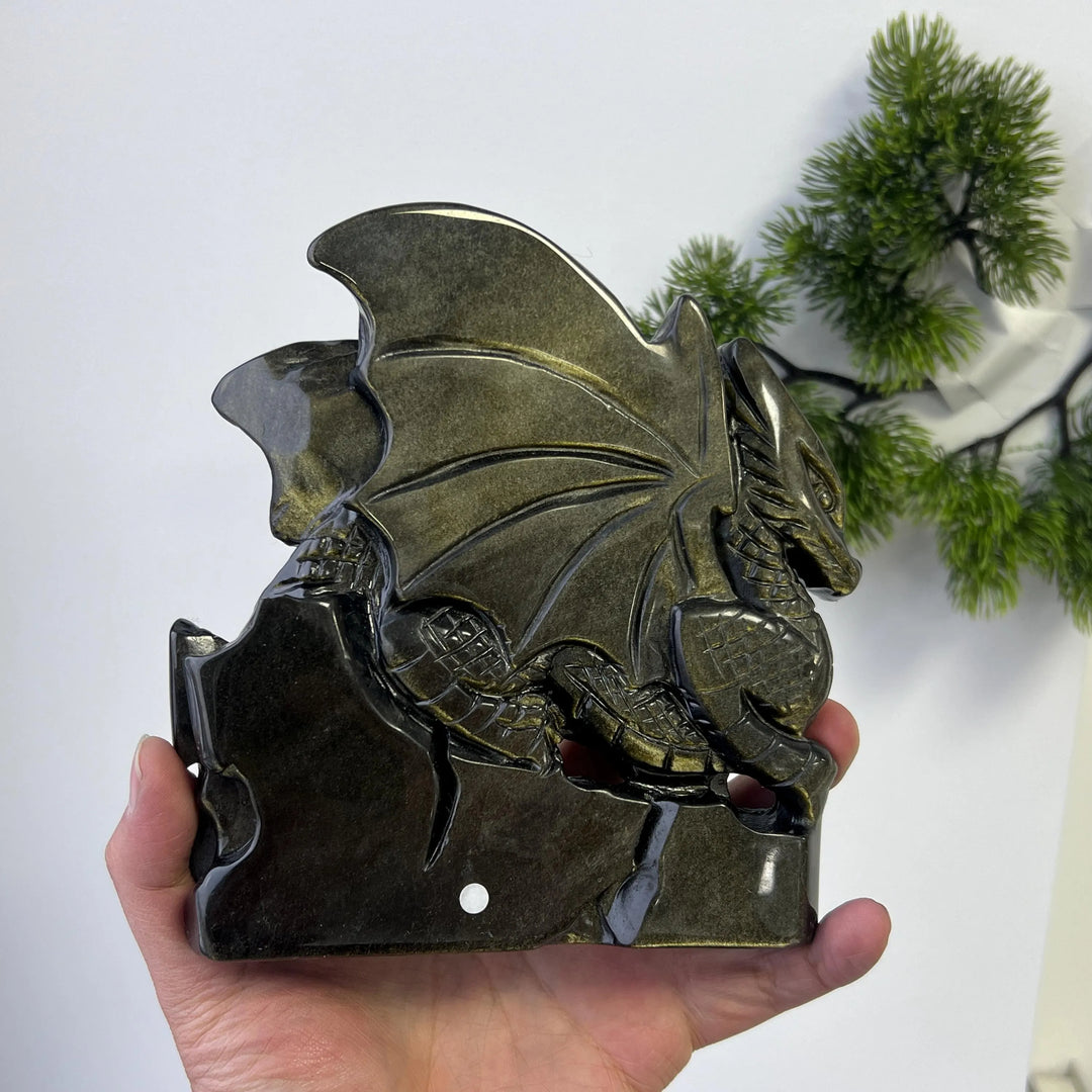 Unique, Natural Carving Golden Obsidian Dragon Skull