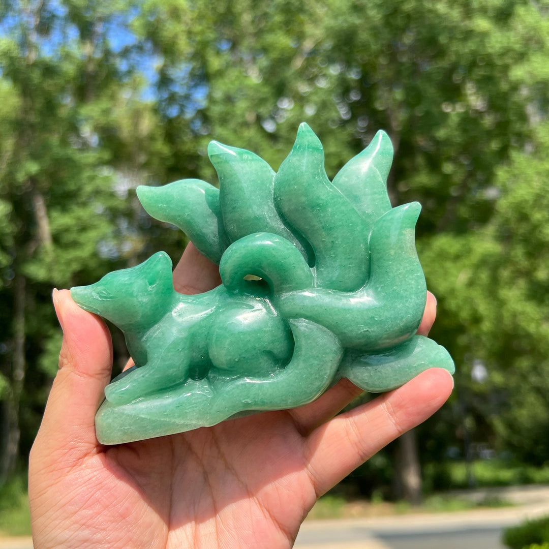 Green Aventurine Nine-Tailed Fox Carving