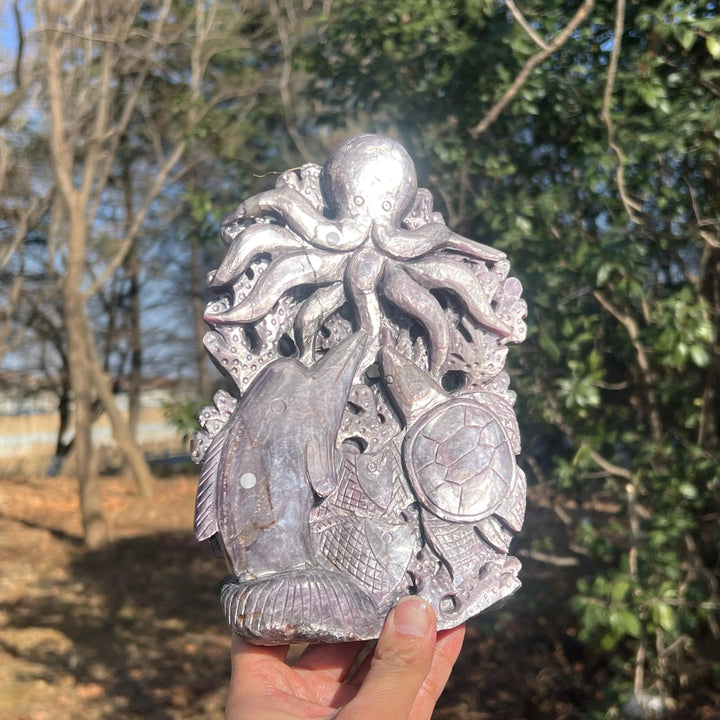 Unique, Natural Lepidolite Carving Octopus & Sea Turtle