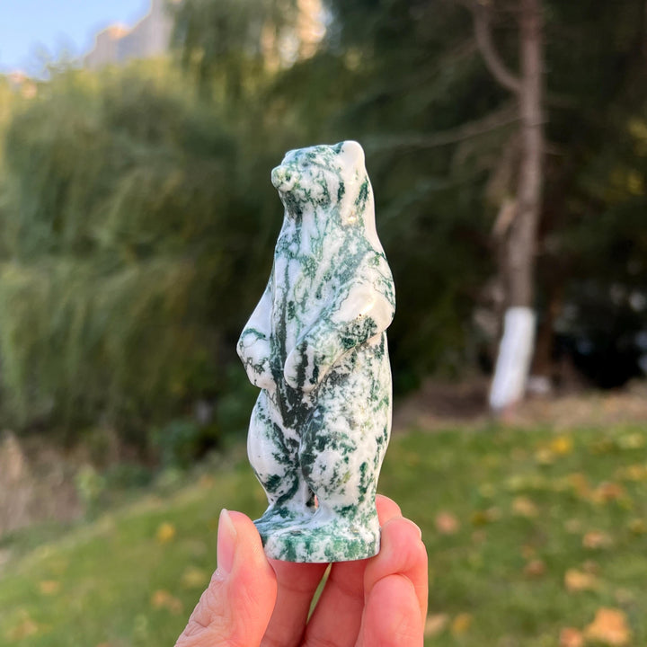 Natural Moss Agate Stand Bear