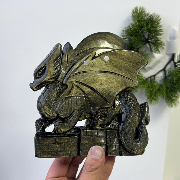Unique, Natural Carving Golden Obsidian Dragon Skull