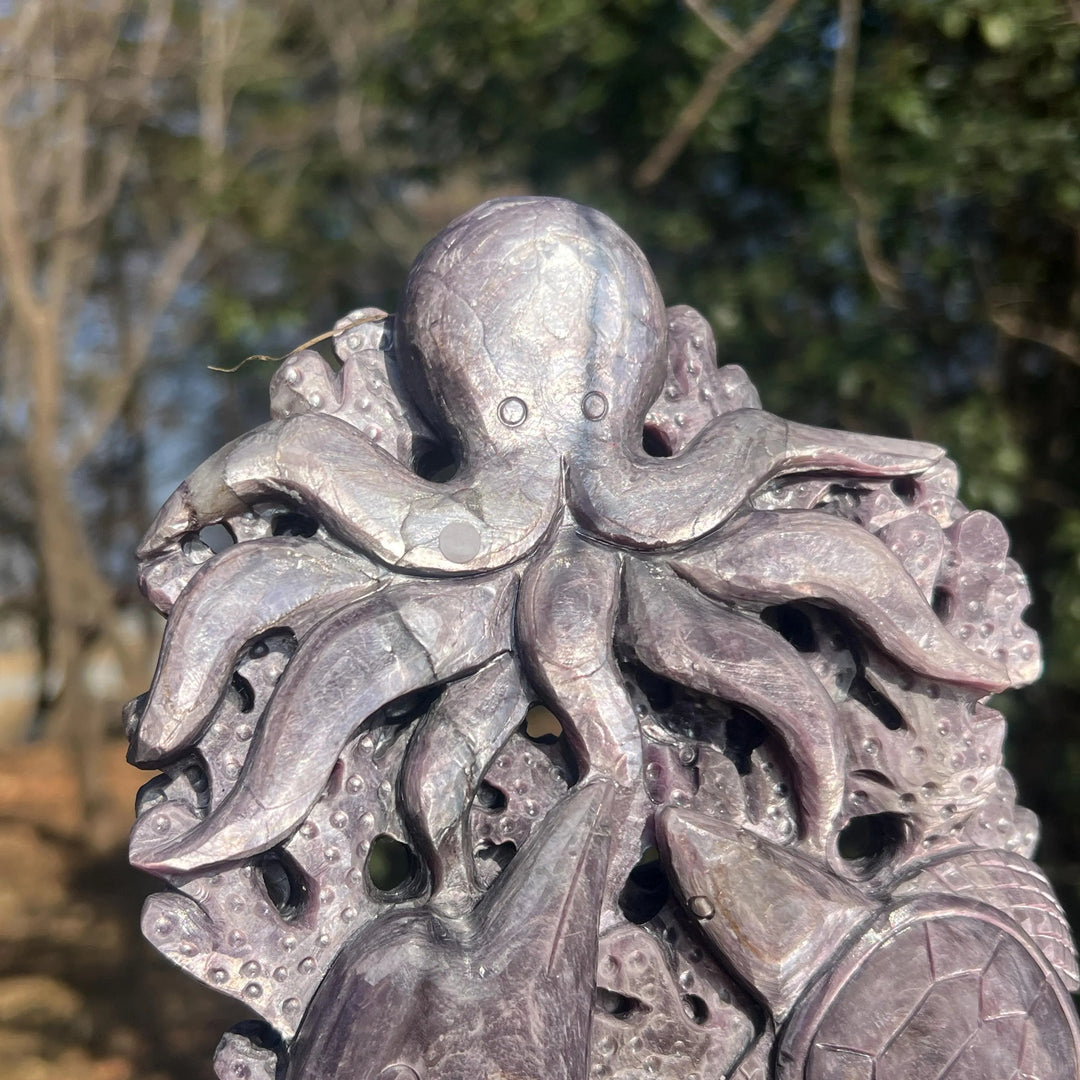 Unique, Natural Lepidolite Carving Octopus & Sea Turtle