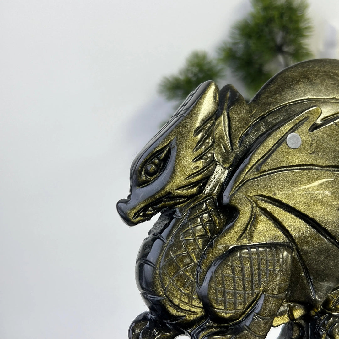 Unique, Natural Carving Golden Obsidian Dragon Skull
