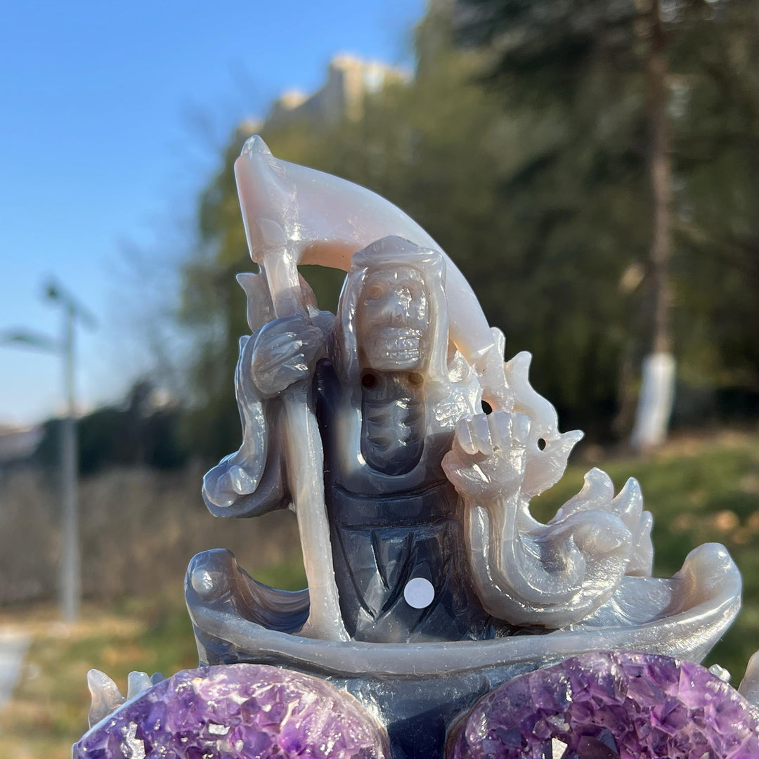 Natural Carving Agate with Amethyst Geode Grim Reaper