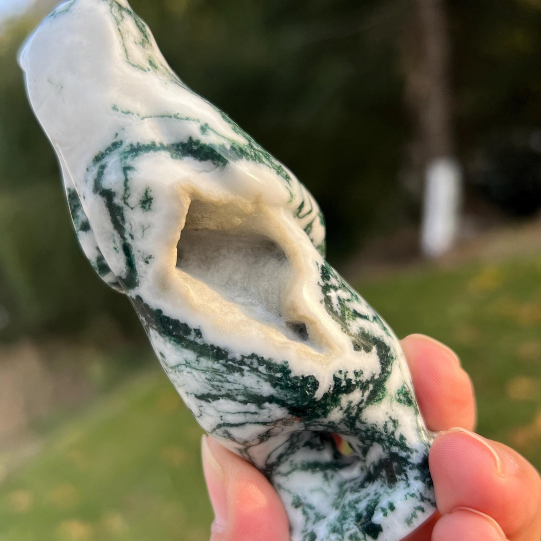 Natural Moss Agate Stand Bear
