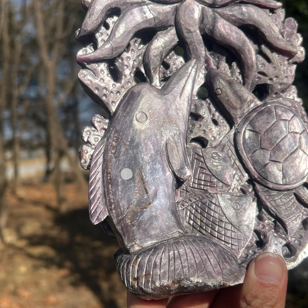 Unique, Natural Lepidolite Carving Octopus & Sea Turtle