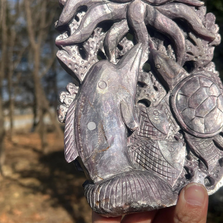 Unique, Natural Lepidolite Carving Octopus & Sea Turtle