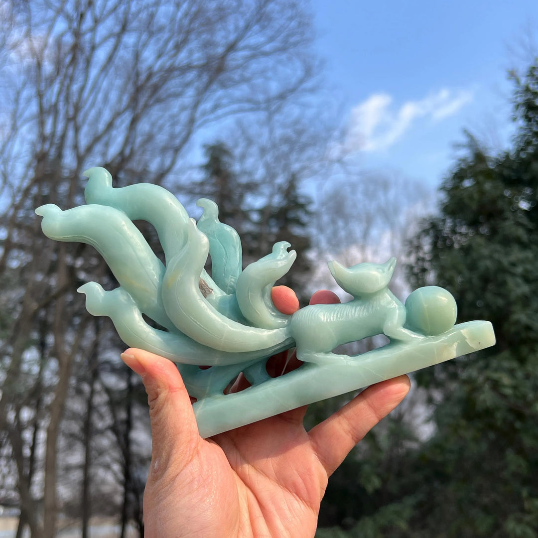 Unique,Natural Blue Quartzite Carving Nine-Tailed Fox