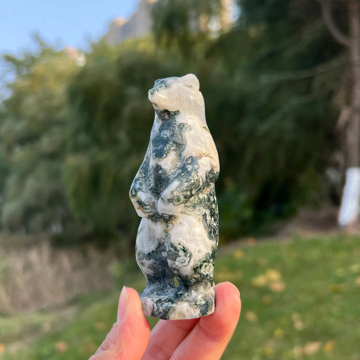Natural Moss Agate Stand Bear