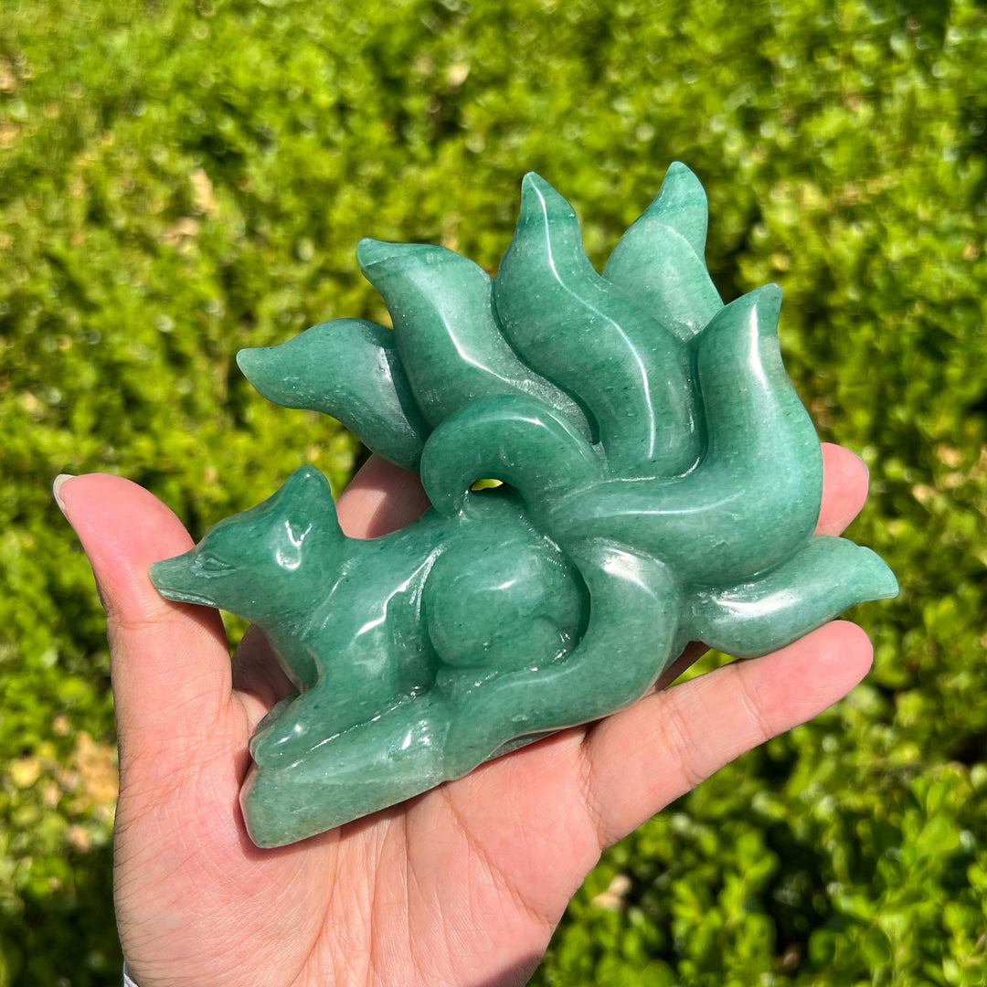 Green Aventurine Nine-Tailed Fox Carving