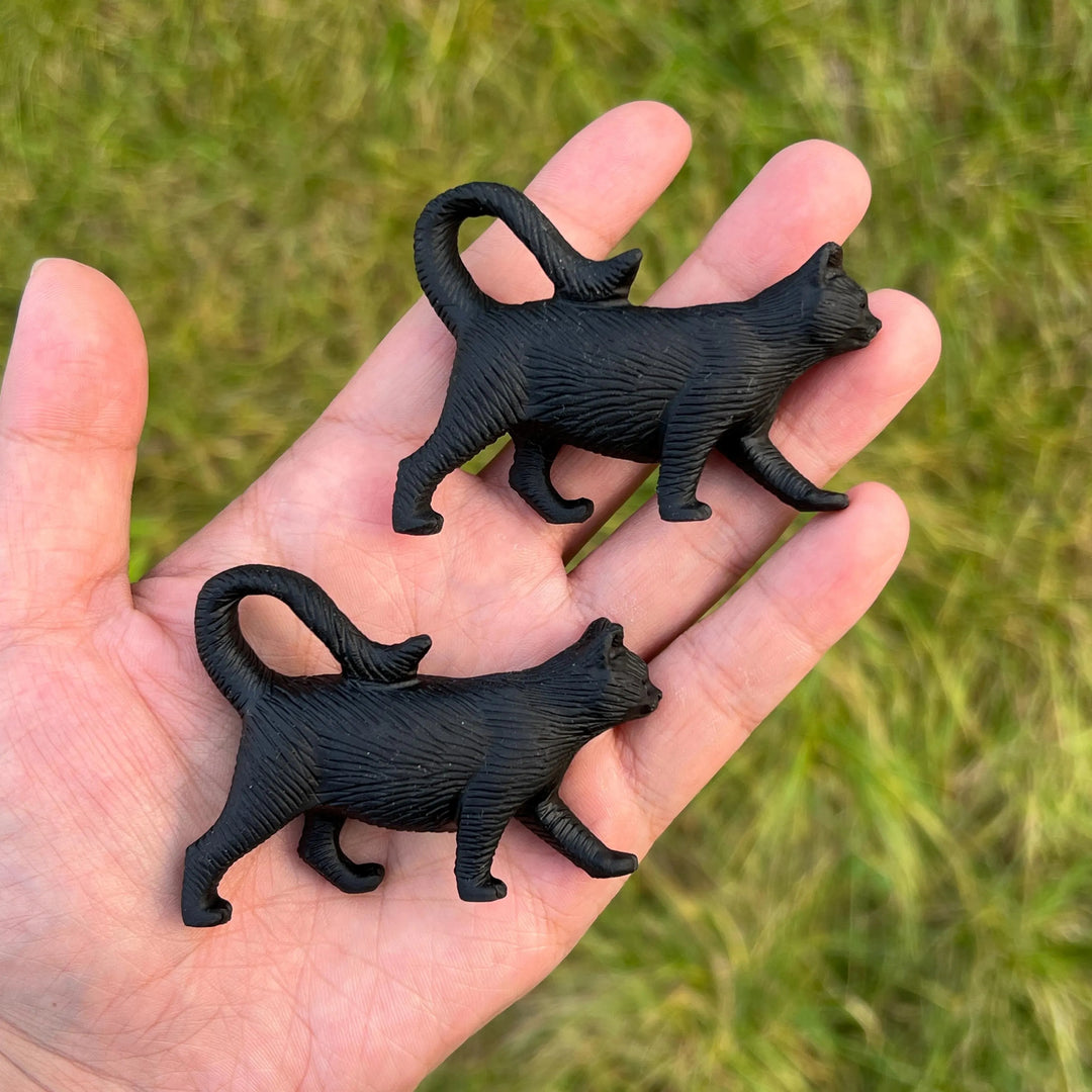 Natural Crystal Carved Black Obsidian Walking Cat