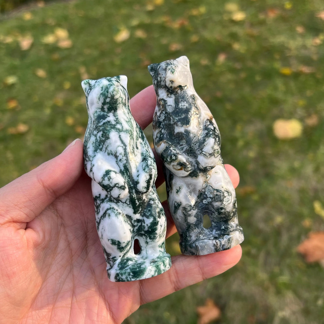 Natural Moss Agate Stand Bear