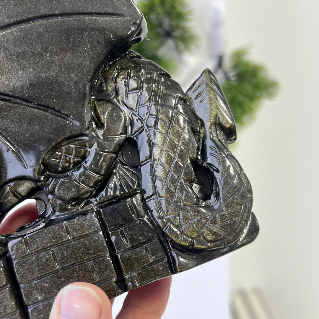 Unique, Natural Carving Golden Obsidian Dragon Skull