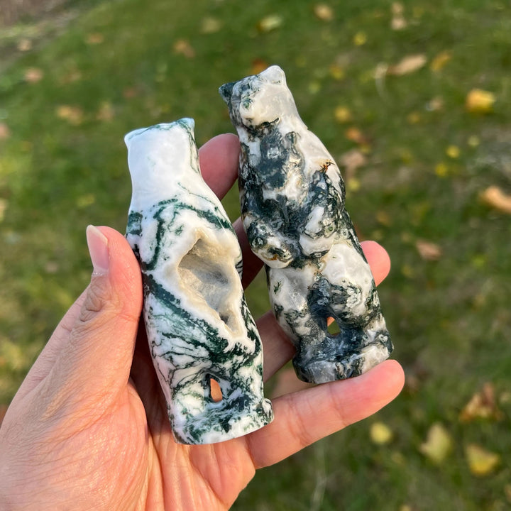Natural Moss Agate Stand Bear