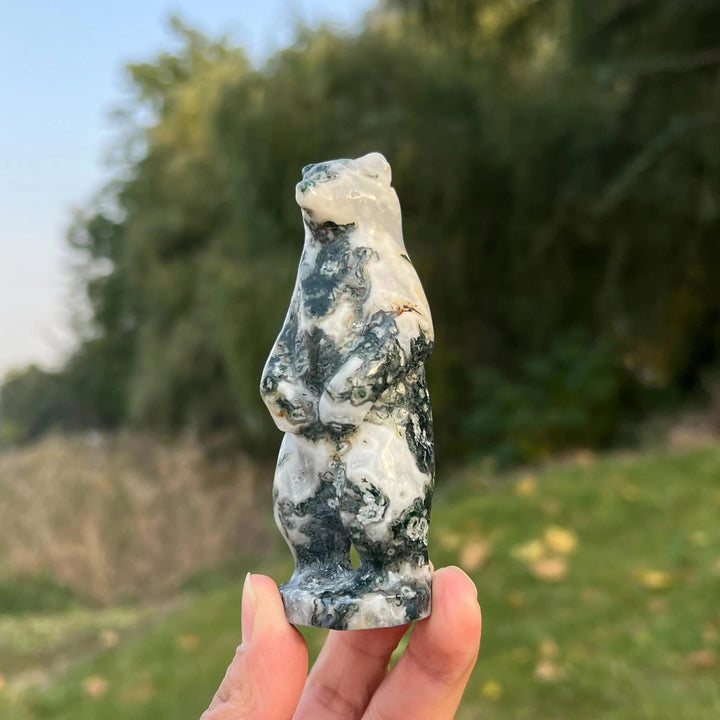 Natural Moss Agate Stand Bear