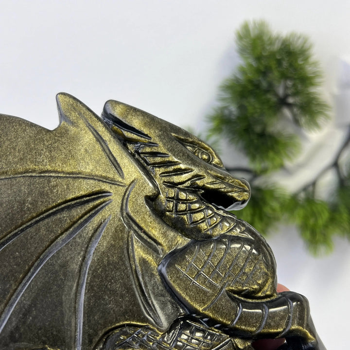 Unique, Natural Carving Golden Obsidian Dragon Skull