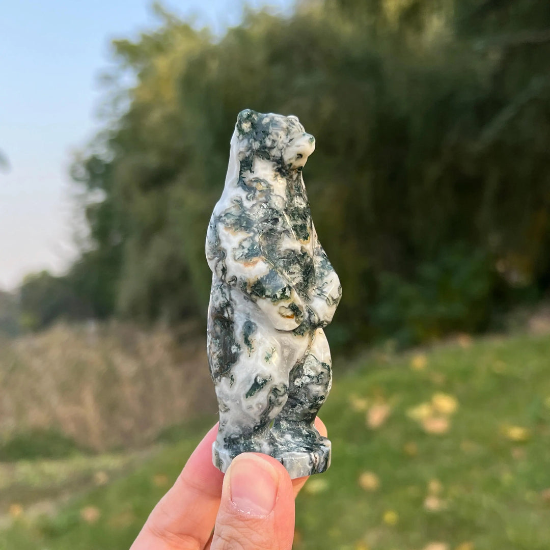 Natural Moss Agate Stand Bear