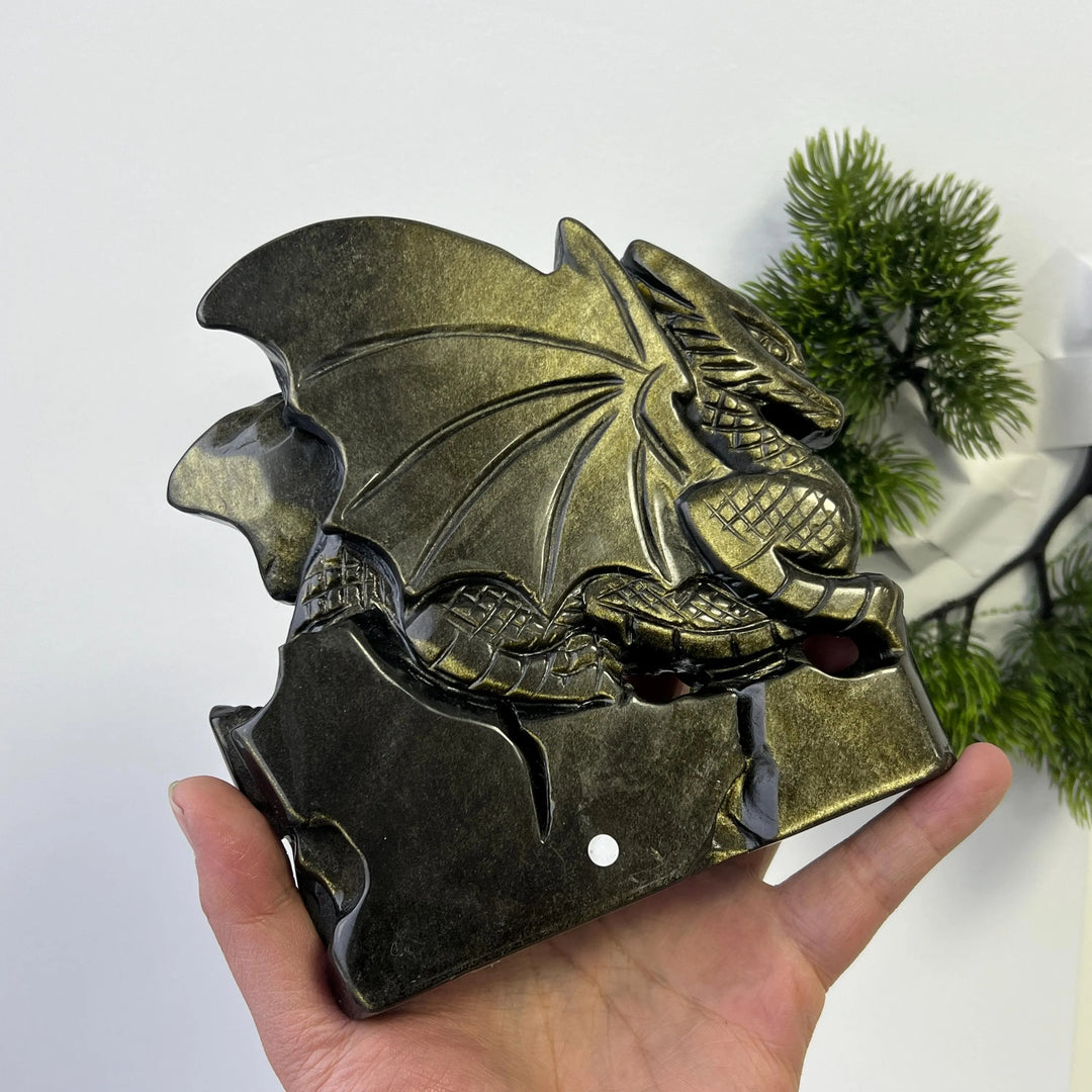 Unique, Natural Carving Golden Obsidian Dragon Skull