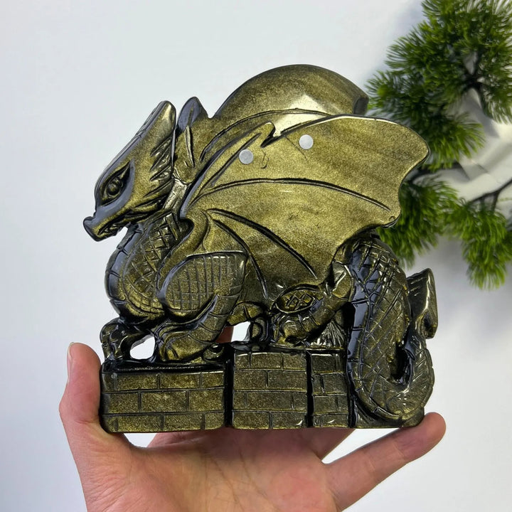 Unique, Natural Carving Golden Obsidian Dragon Skull