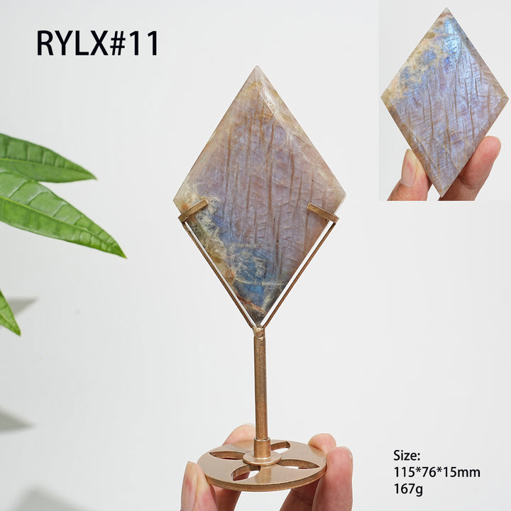 Unique,Natural Sunstone-Moonstone Diamond Slice With Stand