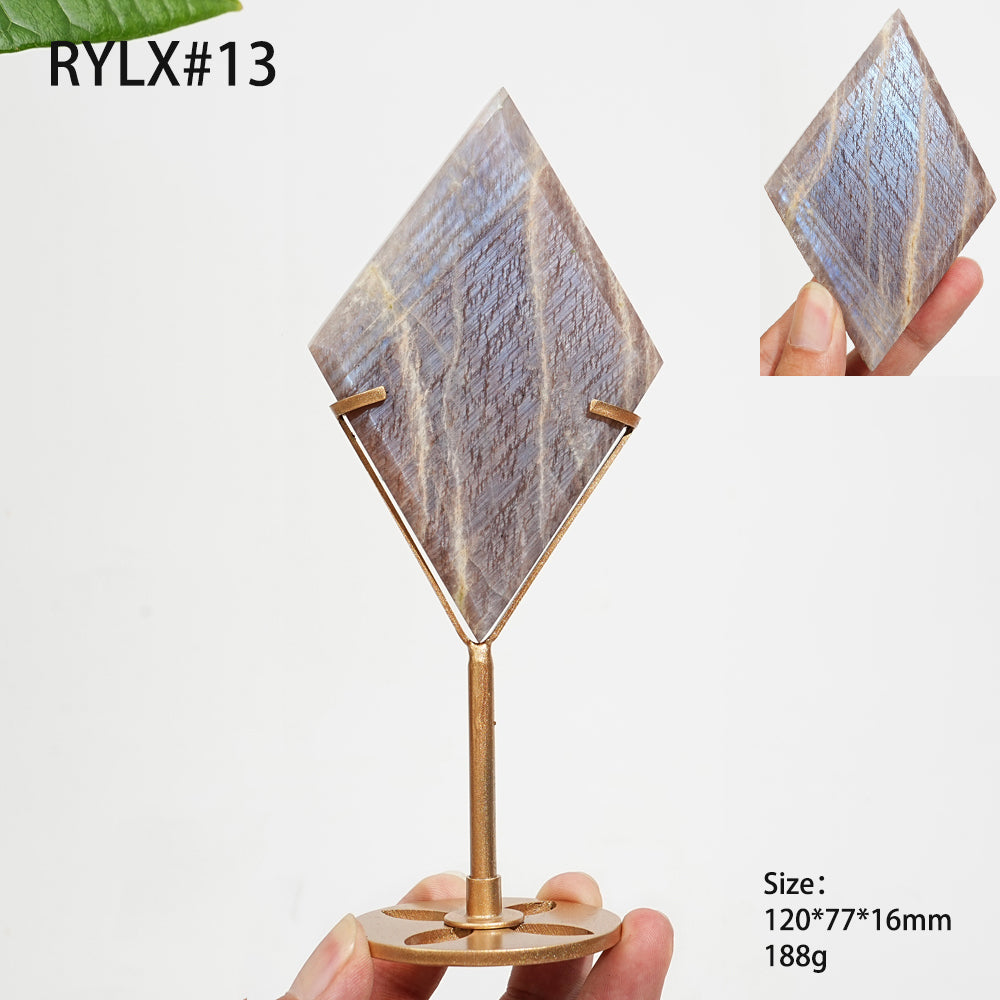 Unique,Natural Sunstone-Moonstone Diamond Slice With Stand